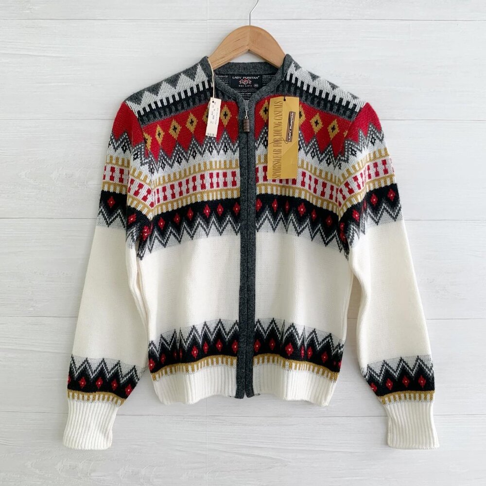 *flaw NWT Lady Puritan Ski Lift - Red gray fair isle zip cardigan sweater, sz 40
